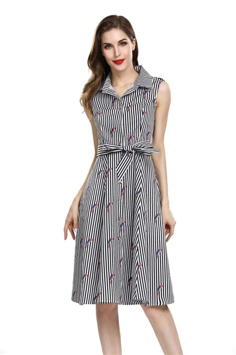 Black And White Stripe Shirt Dress With Blue And Red Macaws With