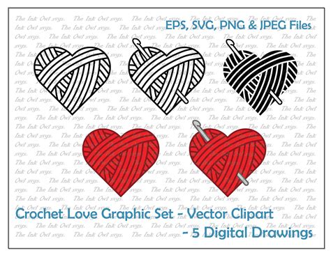 Crochet Hook And Yarn Heart Vector Clipart Set Outline And Stamp