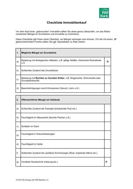 Checkliste Immobilienkauf PSD Bank