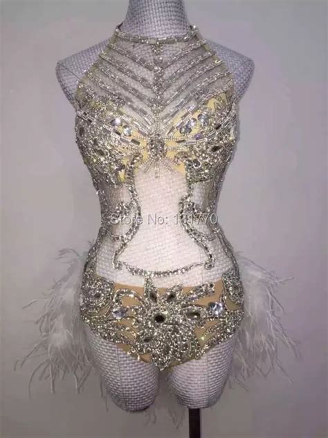 Glisten Silver Sequins Bodysuit Rhinestones Feather Leotard Costume