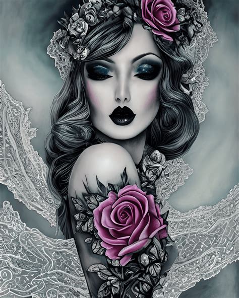 Bombshell Exotic Gothic Woman Lace And Roses Landscape · Creative Fabrica