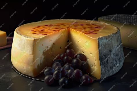 Premium AI Image | Photo of cheese wheel with pieces of cheese on table