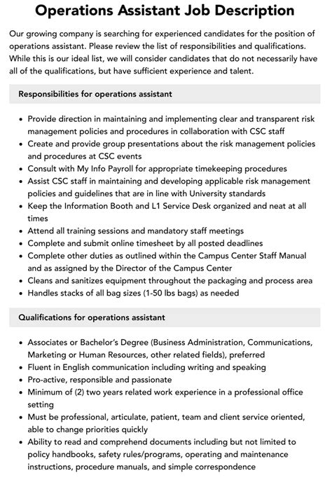 Operations Assistant Job Description Velvet Jobs