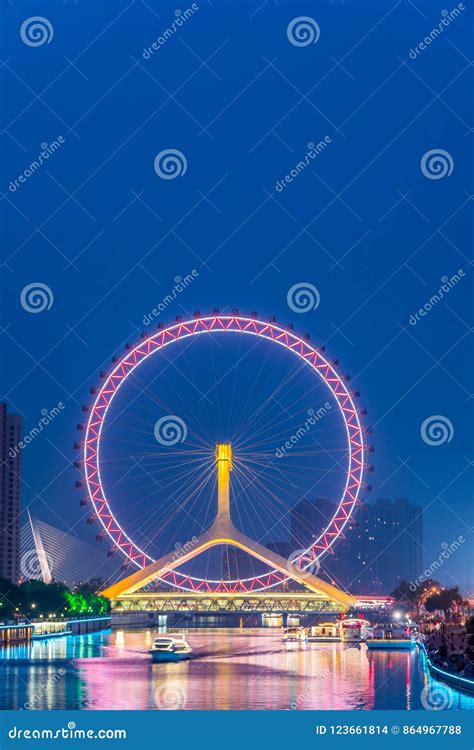 Tianjin Eye Ferris Wheel at Night Stock Photo - Image of scenery ...