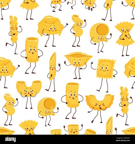 Cartoon Pasta Characters Seamless Pattern With Happy Italian Macaroni