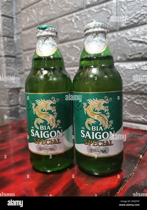 27 February 2023 Vietnam Hanoi Two Bottles Of Saigon Brand Beer Are