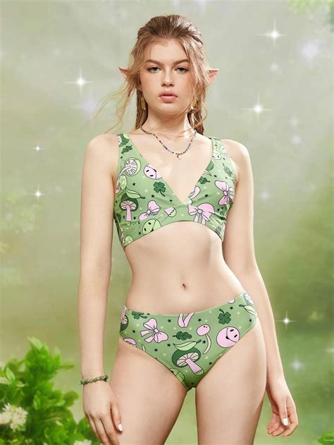 Fairy Grunge Ba Ador Bikini Con Estampado De Dibujos Animados Yaxa