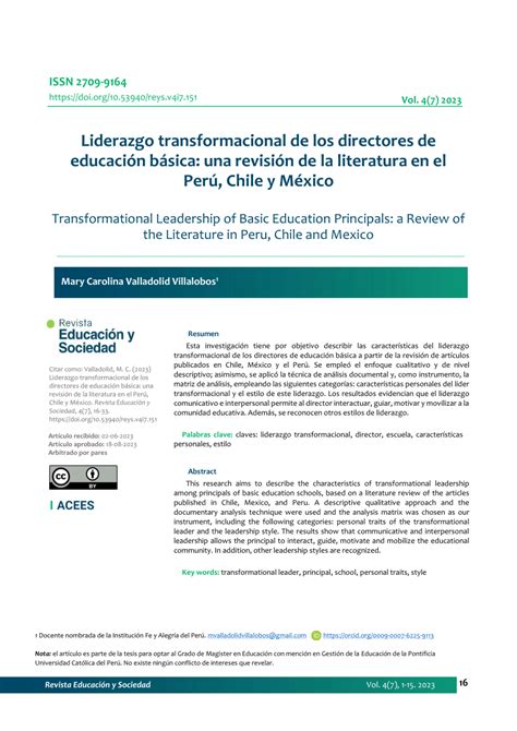 Pdf Liderazgo Transformacional De Los Directores De Educación Básica