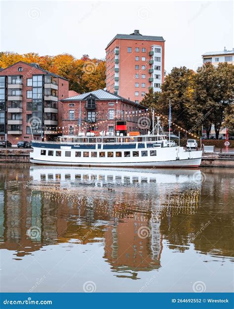 Aura River View With Ships During Fall Foliage In Autumn In Turku