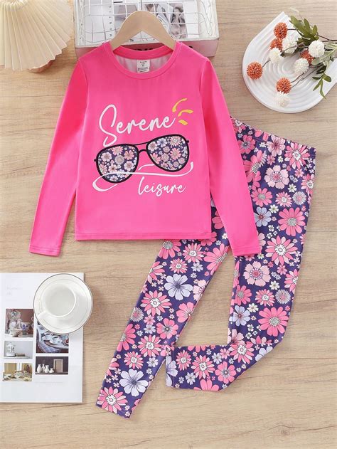 Shein Tween Girl Floral And Letter Graphic Tee And Leggings Pj Set Shein Uk