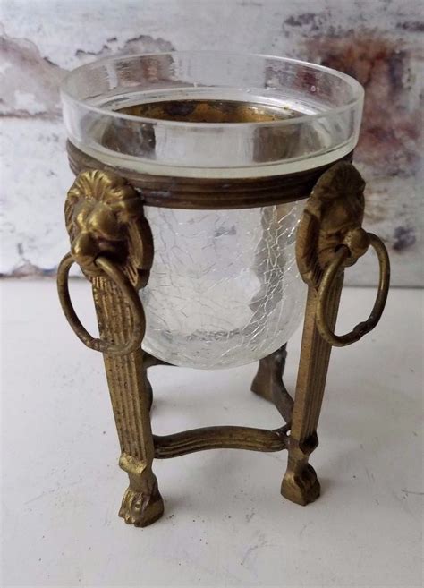 Crackle Glass Hurricane Candle Holder W Lions Head Brass Stand Small