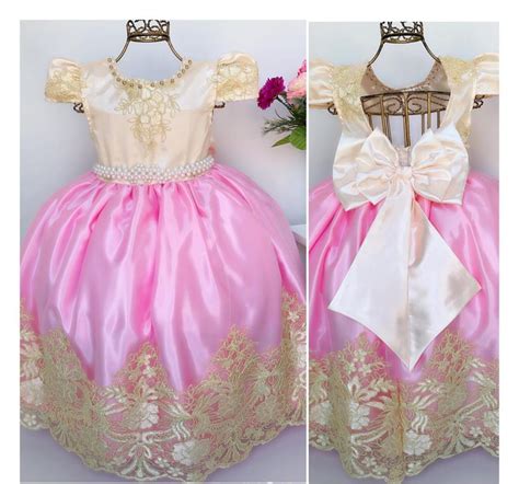 Vestido Infantil Damas De Honra Rosa E Marfim Renda Realeza Rosa