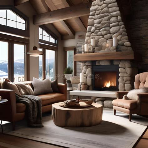 A Cozy Ski Chalet-style Living Room with a Stone Fireplace and Cozy Fur ...