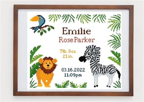 Cross Stitch Pattern Pdf Safari Baby Birth Announcement Zebra Lion