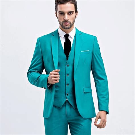 Light Sea Blue Slim Fit Emerald Green Groom Tuxedo With Notch Lapel