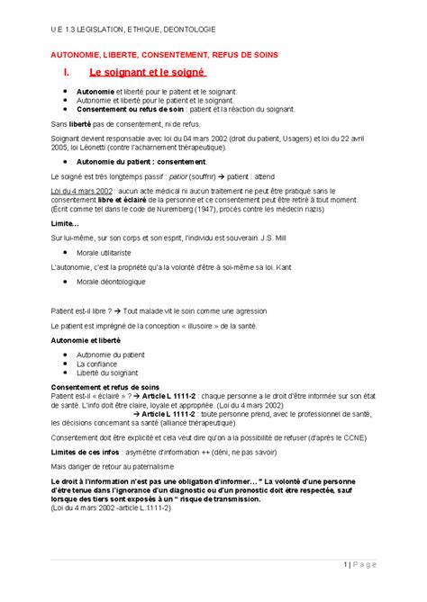 U.E 1.3 Autonomie, liberté, consentement, refus de soins - AUTONOMIE