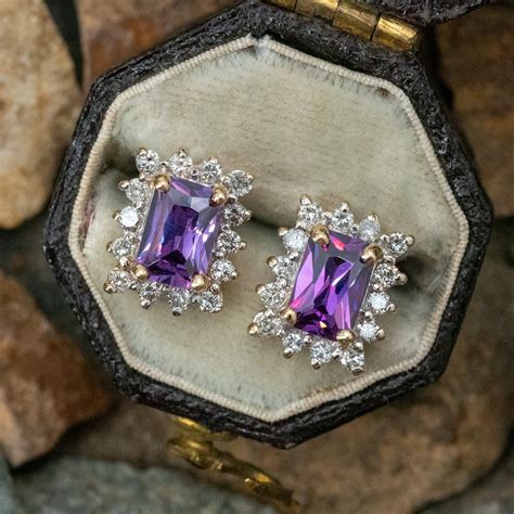 Lovely Amethyst Diamond Halo Earrings 14k Yellow Gold