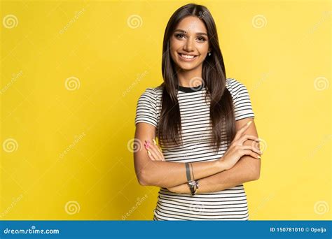 Portrait Of A Smiling Brunette Woman Stock Photo Image Of Cheerful Living 150781010