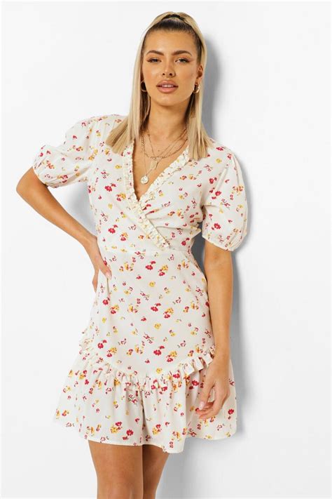 Womens Wrap Ruffle Detail Tea Dress Boohoo Uk