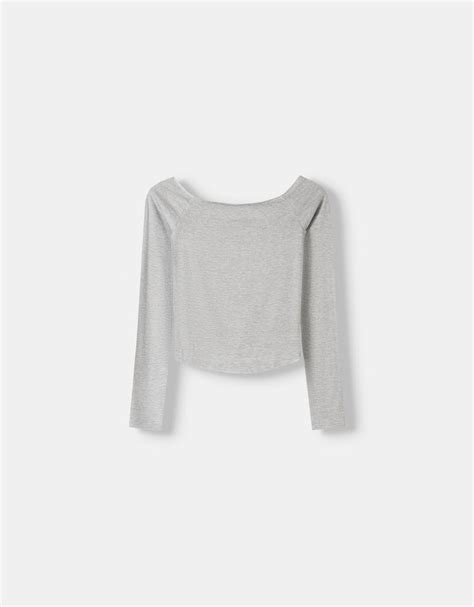 Long Sleeve Bardot Neckline T Shirt Bsk Teen Bershka