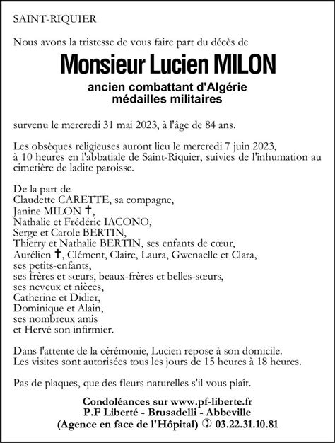 Avis De Décès De Lucien Milon Pompes Funèbres Liberté Brusadelli