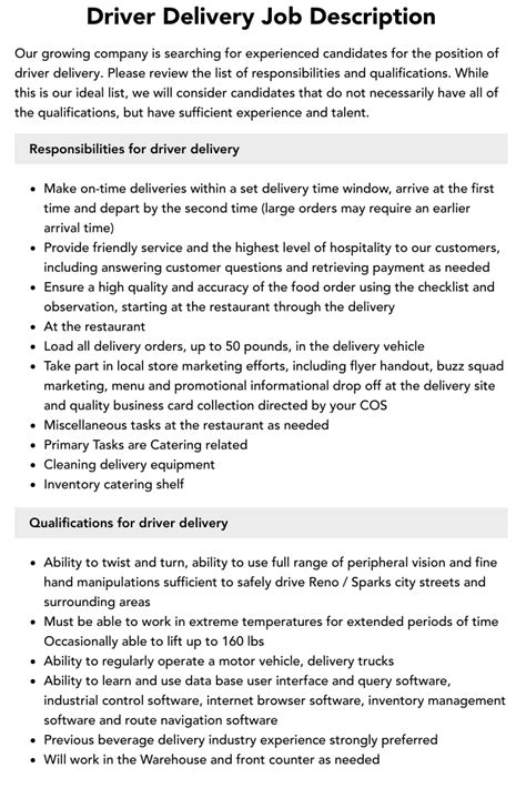 Driver Delivery Job Description Velvet Jobs