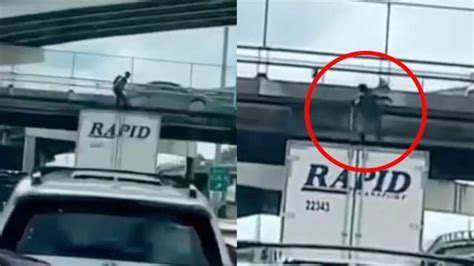 Clout Chasing Gone Wrong Man Dancing On Top Of A Moving 18 Wheeler Gets Slammed Into A Bridge