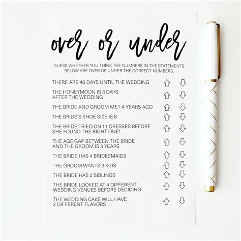 Over Or Under Bridal Shower Game Over Or Under Bridal Etsy