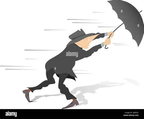 Windy Day Man Tries To Hold An Umbrella Gone With The Wind Stock