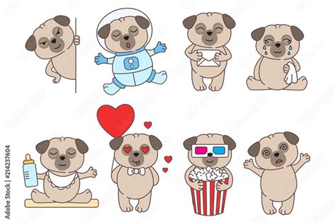 Set Of Cute Linear Pugs Isolated On White Backround Pug In Love In Space And With Popcorn