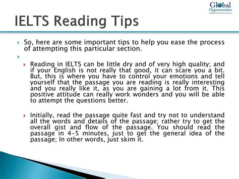 PPT IELTS Reading Test Preparation Tips PowerPoint Presentation Free