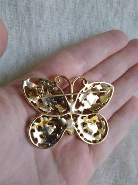 Vintage Pink And Gold Tone Butterfly Brooch With Lave Gem