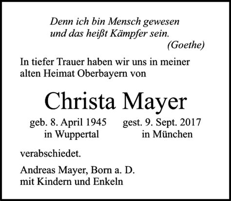 Traueranzeigen Von Christa Mayer Trauer Anzeigen De