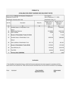 Fillable Online Shriramlife Form Kt Q Available Solvency Margin And