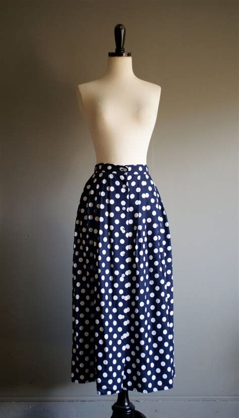 Vintage Navy Blue Polka Dot Midi Skirt M