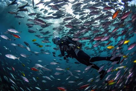 Scuba Diver Swimming Through School Of Fish With Their Colorful Scales