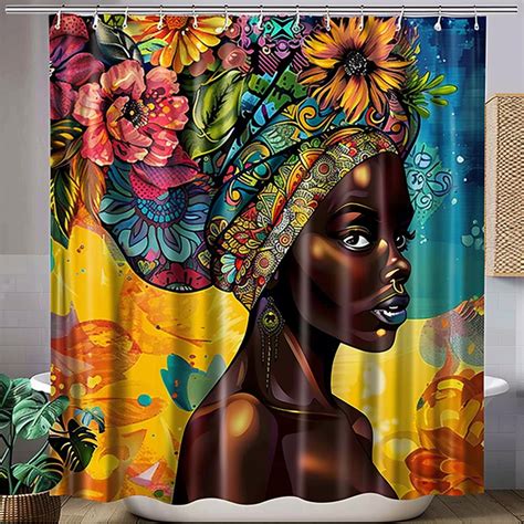 Exquisite African American Woman Floral Head Wrap Shower Curtain Vibrant Black Girl Aesthetic