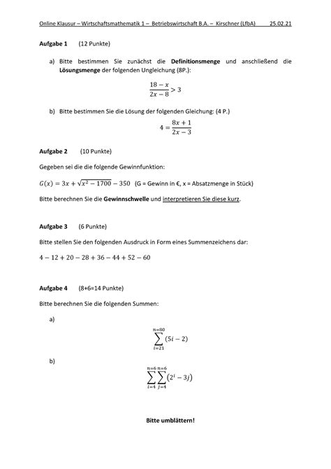 Wirtschaftsmathematik I Klausur Aufgabe Punkte A Bitte