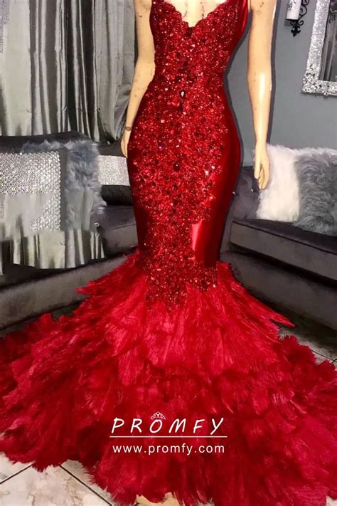 Luxury Crystal Diamond Beaded Red Feather Mermaid Prom Pageant Dress