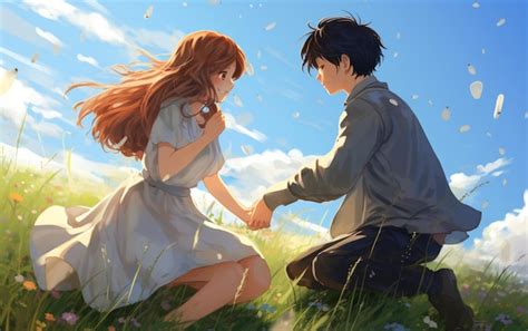 Anime couple holding hands in a field of flowers generative ai ...