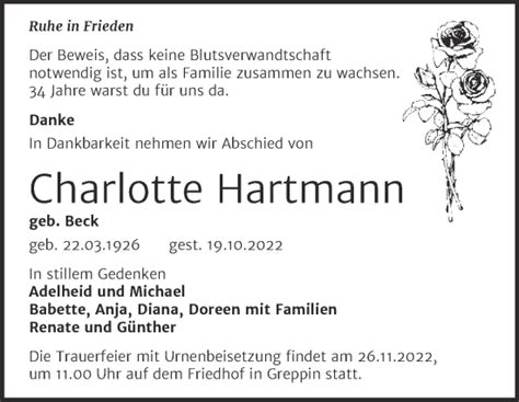 Traueranzeigen Von Charlotte Hartmann Abschied Nehmen De