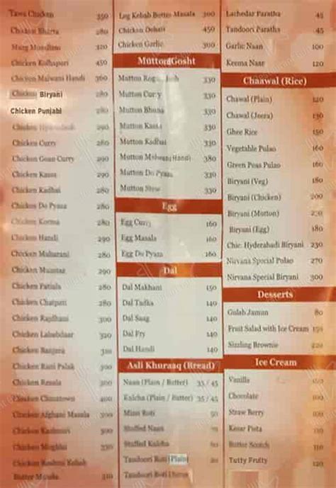 Menu At Nirvana Patna