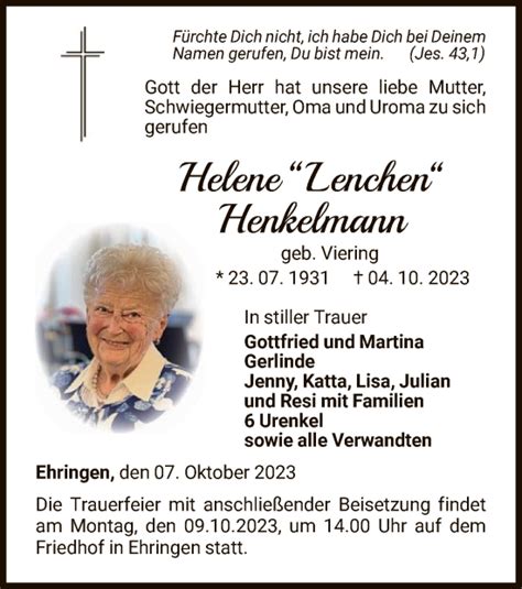 Traueranzeigen Von Helene Henkelmann Trauer HNA De