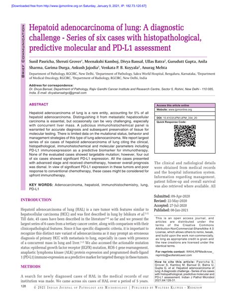 PDF Hepatoid Adenocarcinoma Of Lung A Diagnostic Challenge Series