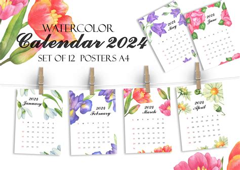 Watercolor Calendar 2024 Flower Calendar 12 Monthly Pages Desk