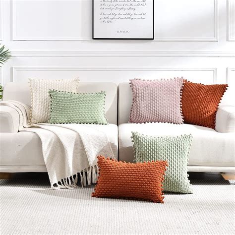 Set Of 2 Orange Lumbar Decorative Throw Pillow Covers 30x50cm With Pom