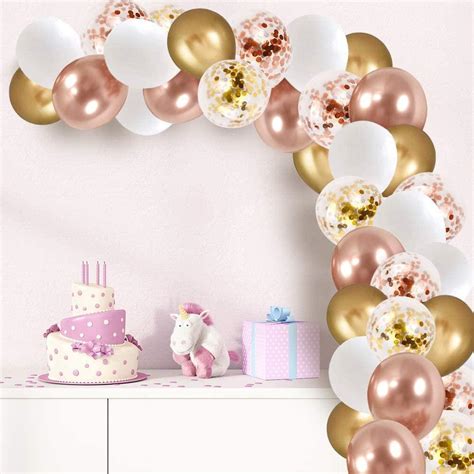 Rose Gold Confetti Latex Balloons 60 Pcs 12 Inch White Metallic Gold