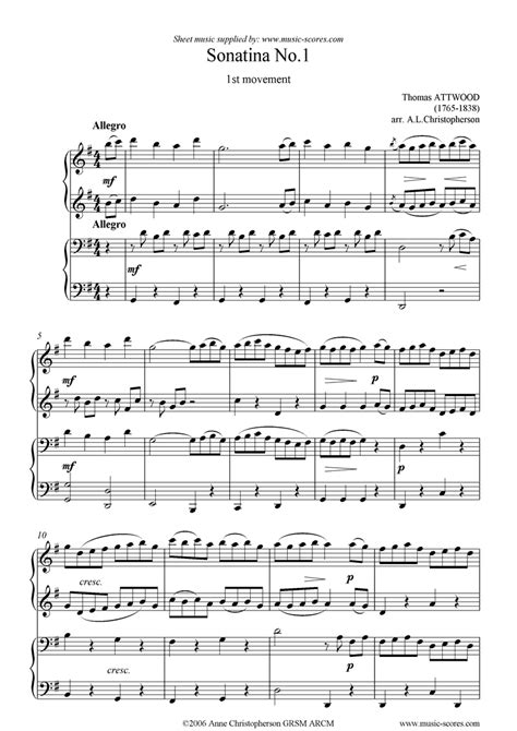 Attwood Sonatina No 1 1st Movement Piano Duet Classical Sheet Music