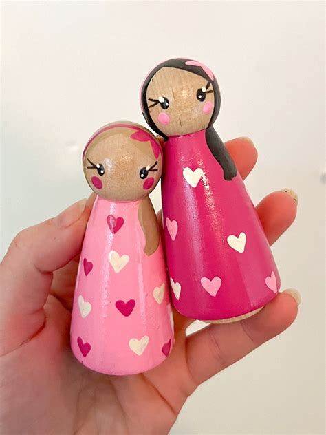 Pink Hearts Valentines Peg Doll Set Non Toxic Water Based Acrylic Paint And Gloss Varnish