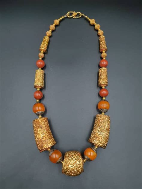 A Vintage Nepal Necklace With Brass Gold Plated And Carnelian Etsy